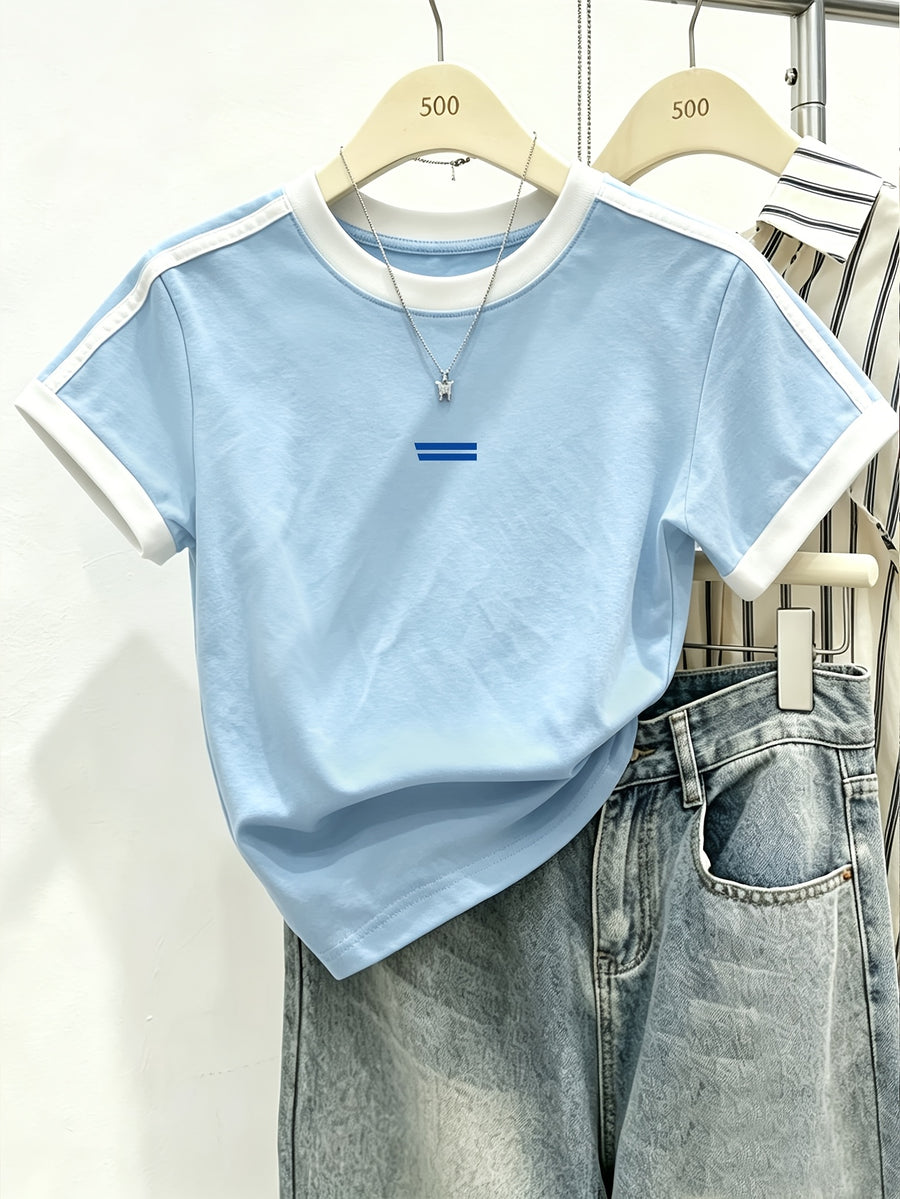 Women's Regular Shoulder-to-shoulder Fit, Round Neck, Color-blocked, Slim-fit, Simple Line Pattern Print, Trendy Niche, Casual, Minimalist, Y Short-sleeve T-shirt Top - Light Blue 2