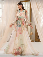 Women'S Cross V-Neck Trendy Lantern Sleeve Floral Print Elegant Dress with Waist Cinched Flared Long A-Line Skirt - Multicolor