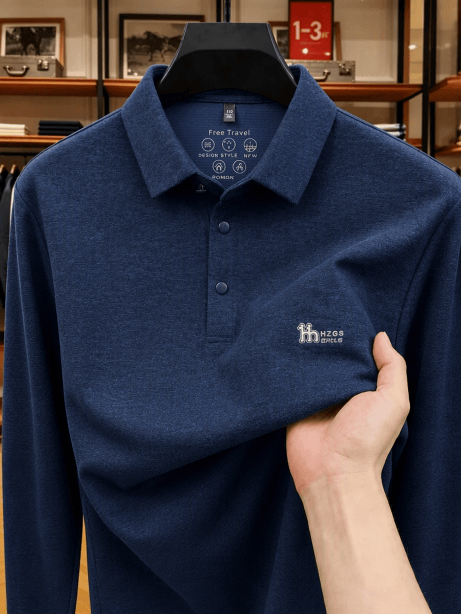 Men'S Lapel Long Sleeve Polo Shirt Solid Color Thin Pullover Top Spring Autumn Casual Layering Apparel for Golf Fishing Tennis Sports Daily Wear for Men - Night Blue