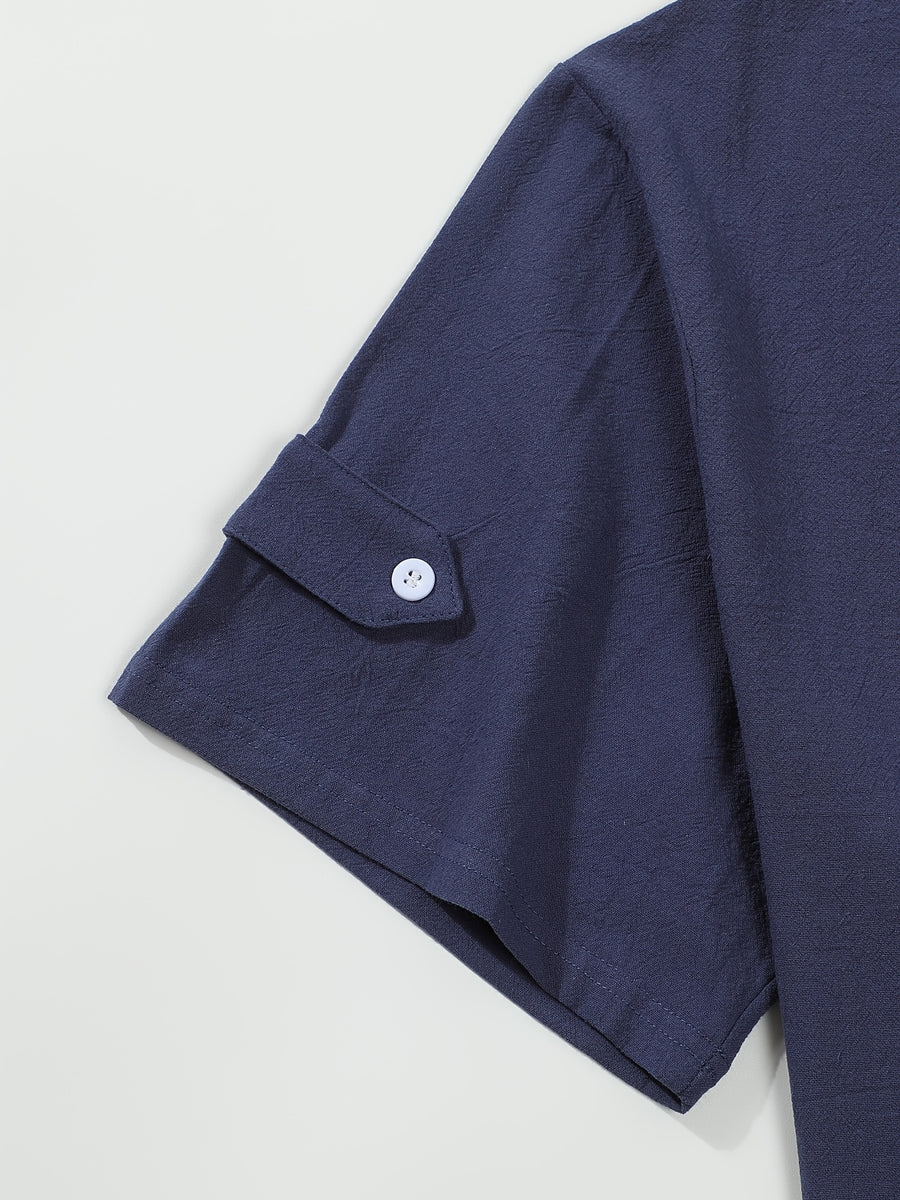 Men'S Stand Collar Short V-Neck Top, Lightweight Comfortable Solid Color Casual Shirt, Commute Easy Single Piece T-Shirt - Navy Color