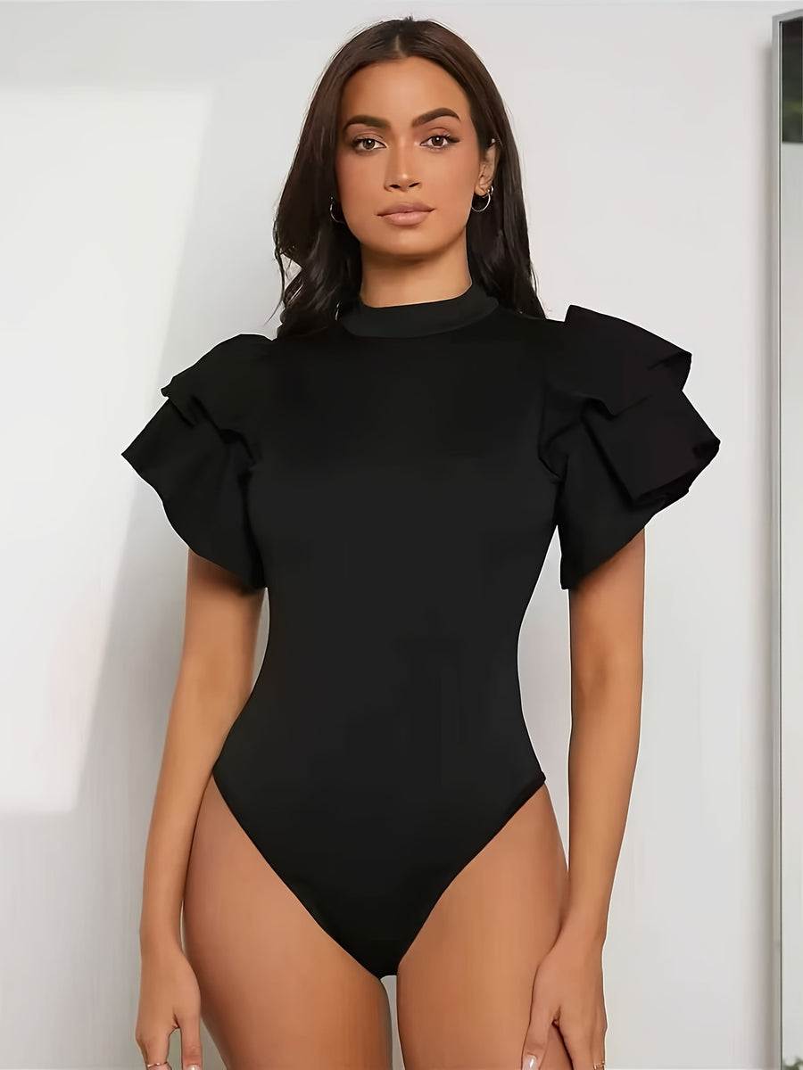 Elegant Exquisite Fashionable Women's Slim Fit Bodysuit, Semi-high Neck Stand Collar Design, Double-layer Large Ruffle Cap Sleeve Decoration On Shoulders, Hip-hugging Triangle Bodysuit Version, Shaping Sexy Hot Style - Black