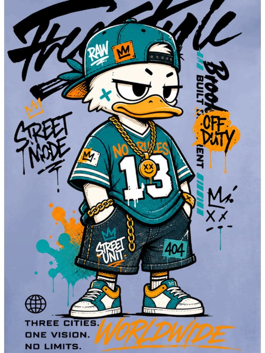 Printed Design, Non-textured, European and American Casual Style Men's Leisure T-shirt with Duck Image, Layered with Street Font Graphics, for Daily Commuting and Casual Wear - Mix color 5
