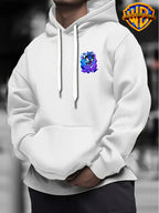 Warner Bros Official 1pc Cyber Purple-Blue Flame Background Grimace The Devil Graffiti Font Casual Hoodie - Men's Fashion Hoodie, Double-Sided Front and Back Print, Adjustable Drawstring Loose and Comfortable Sweatshirt, Suitable for Daily - White