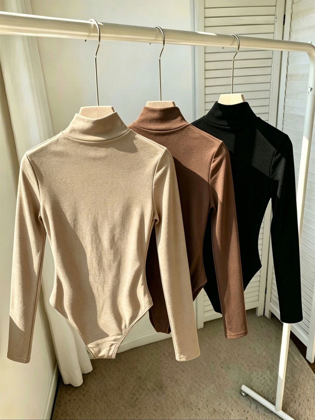Autumn/Winter New Arrival Women's Elegant Simple High-Neck Long-Sleeve Bodysuit, 3pcs Set in Mixed Colors - Khaki + Coffee + Black