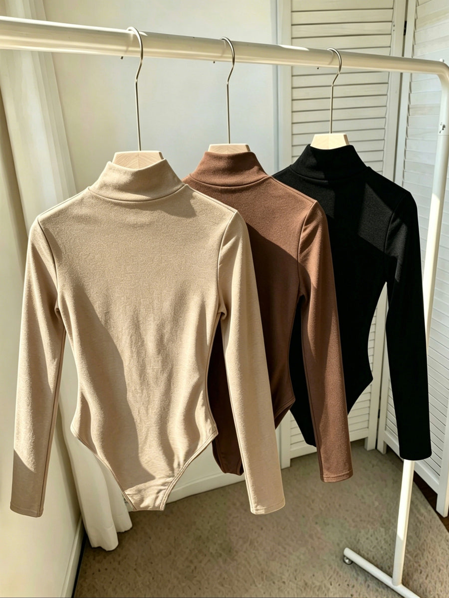 Autumn/Winter New Arrival Women's Elegant Simple High-Neck Long-Sleeve Bodysuit, 3pcs Set in Mixed Colors - Khaki + Coffee + Black