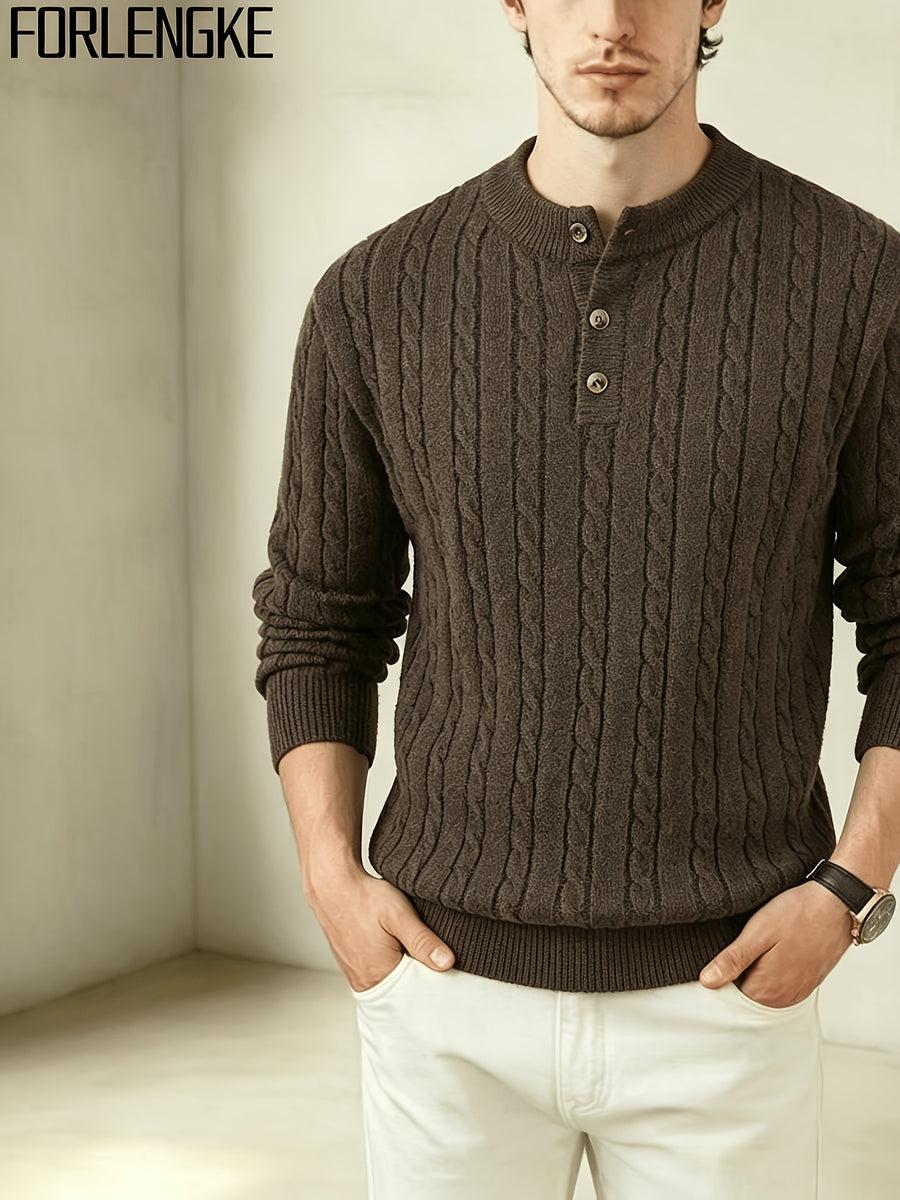 FORLENGKE 2026 New Men's Business Casual Crew Neck Cable Knit Sweater, Soft Warm Long Sleeve Pullover for Fall Winter Office, Daily & Outdoor Wear - Coffee Color