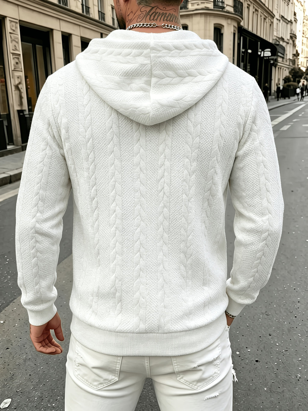 Autumn Winter Men'S Thick Jacquard Long Sleeve Cardigan Hoodie, Comfortable Warm Fabric with Trendy Print, Suitable for Daily Outings, Outdoor Sports, Travel, And Vacation, Lightweight Comfortable Regular Fit, Ideal for Beach, Hiking, Evening Wear - White