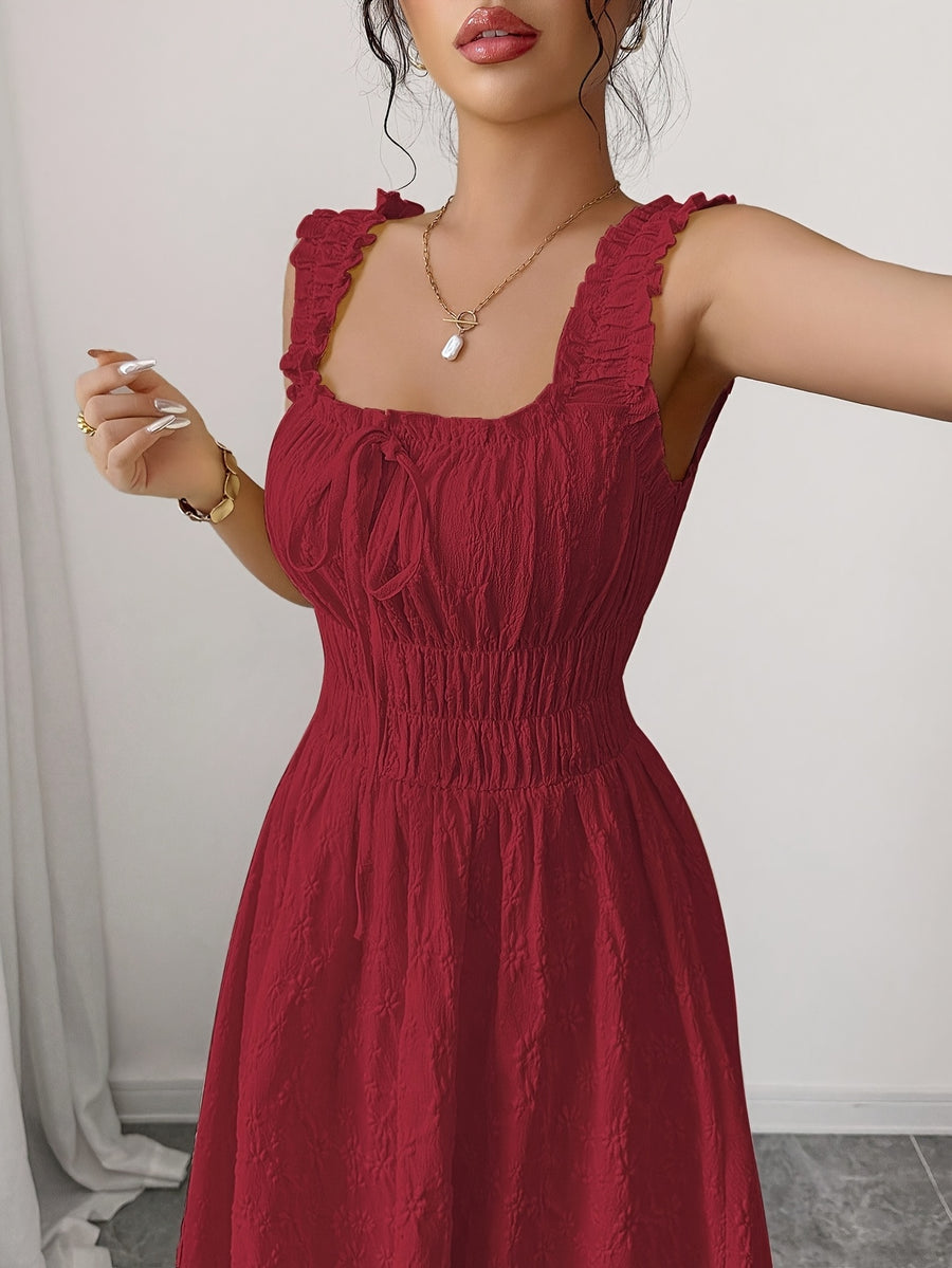 New Women's Textured Floral Fabric, Spaghetti Strap with Bow Waist Design - Elegant and Versatile Women's Dress - Elegant Party Wear, Date Night, 1pc, Buen Fin Shopping Festival, New Year's Daily Wear, Parties, Wedding Night, Stylish and Versatile - Red