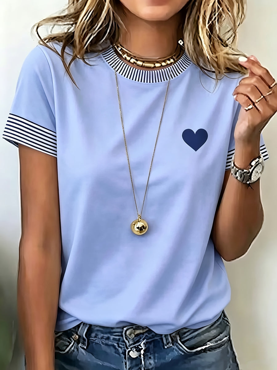 Striped Contrast Print Round Neck Short Sleeve T-Shirt, Women'S Easy Navy Small Heart Print Loose Casual Top - Light Blue