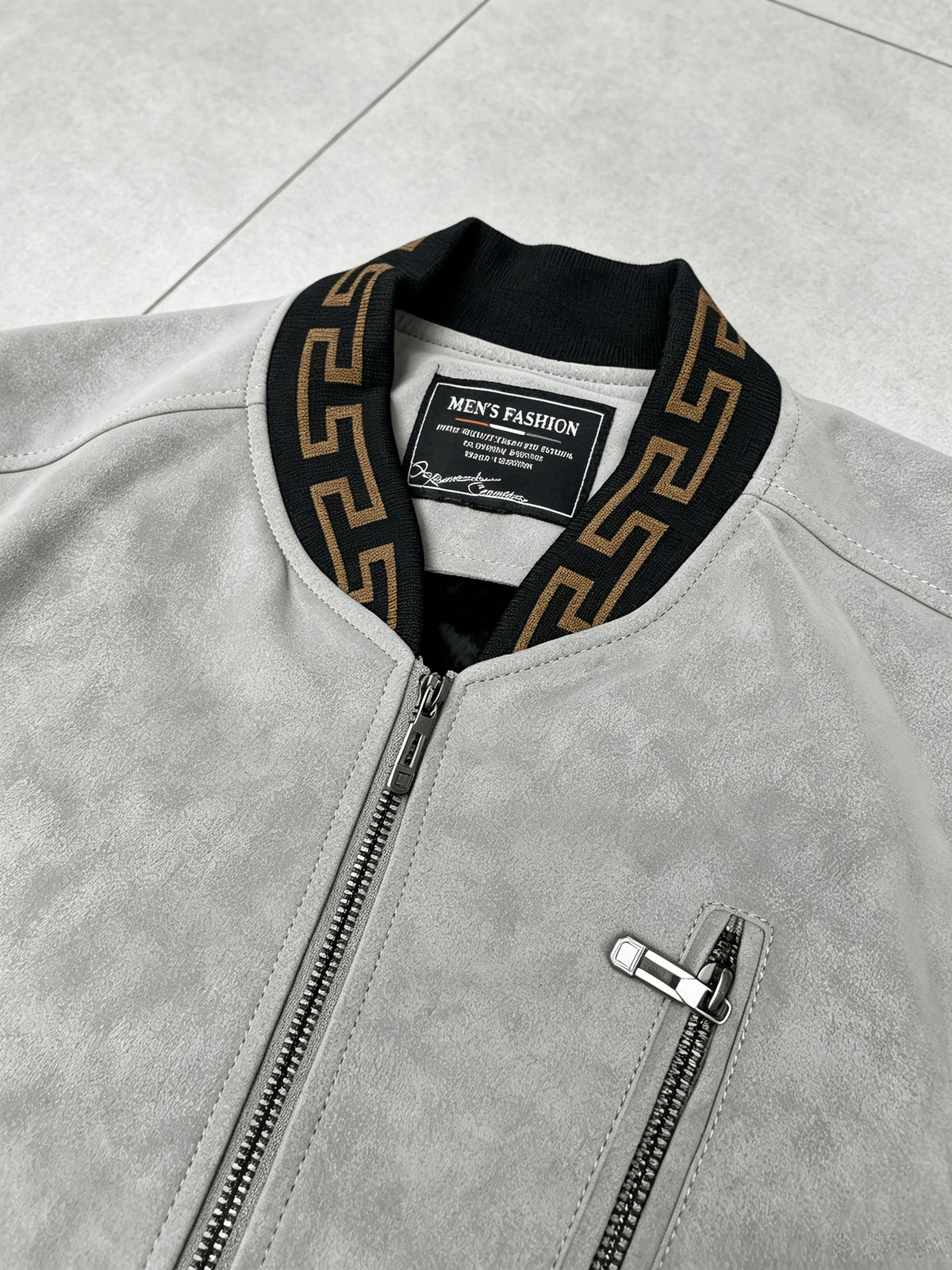 Men's -Lined -Look Baseball Jacket, Vintage Herringbone Ribbed Collar Casual Baseball Coat, for Daily Outdoor Streetwear - Light Grey