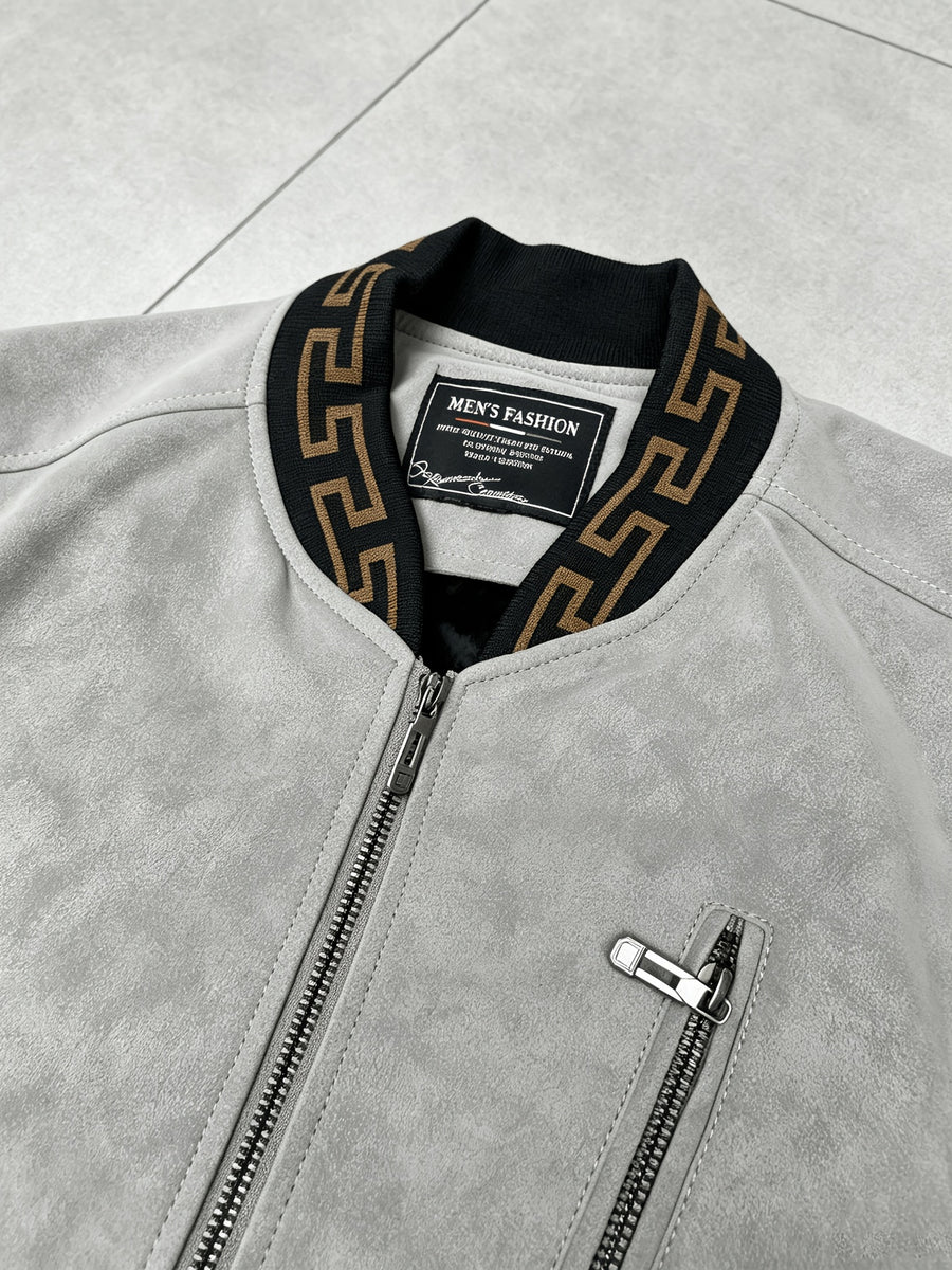 Men's -Lined -Look Baseball Jacket, Vintage Herringbone Ribbed Collar Casual Baseball Coat, for Daily Outdoor Streetwear - Light Grey