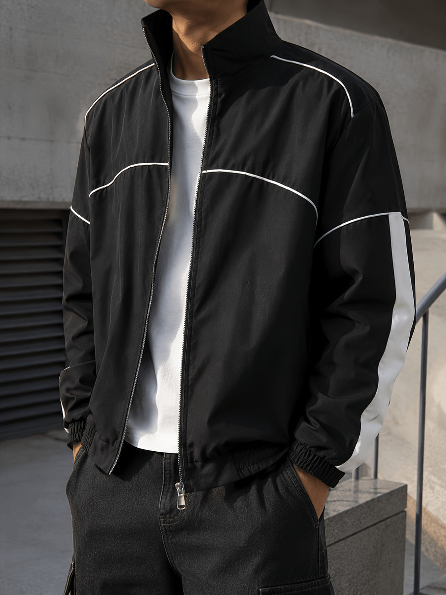 Men'S Color-Block Striped Stand-Collar Jacket, Autumn Casual Sporty Loose Long Sleeve Zipper Top, Western Street All-Match Commute Outdoor Men'S Clothing - Black