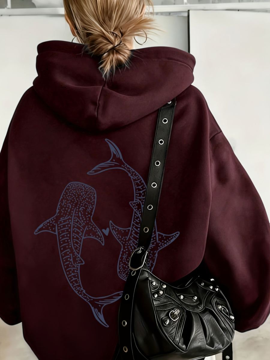 European and American Vintage Minimalist Artistic Style Top, Whale Shark Print Pattern Hooded 1pc Women's Sweatshirt, Loose Autumn/Winter Pullover Top, Relaxed Oversized Fit, Street Hip-Hop Style, with Kangaroo Pocket, No Drawstring - Burgundy