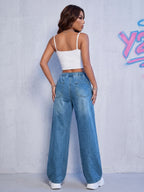 Fashion High-Waist Elastic Waist/Drawstring Waist/Light Blue Loose Comfortable All-Match Casual Wide-Leg Women'S Jeans, Classic All-Match Floor-Length Trousers, Casual Outing/Home/Commute/Y2K/Office Wear/Women'S Denim Trousers - Vibrant Blue
