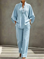 [PLMM] Spring Autumn Winter Women'S Fabric Button Short Collar Fashion Casual Two-Piece Long Pants Set - Light Blue