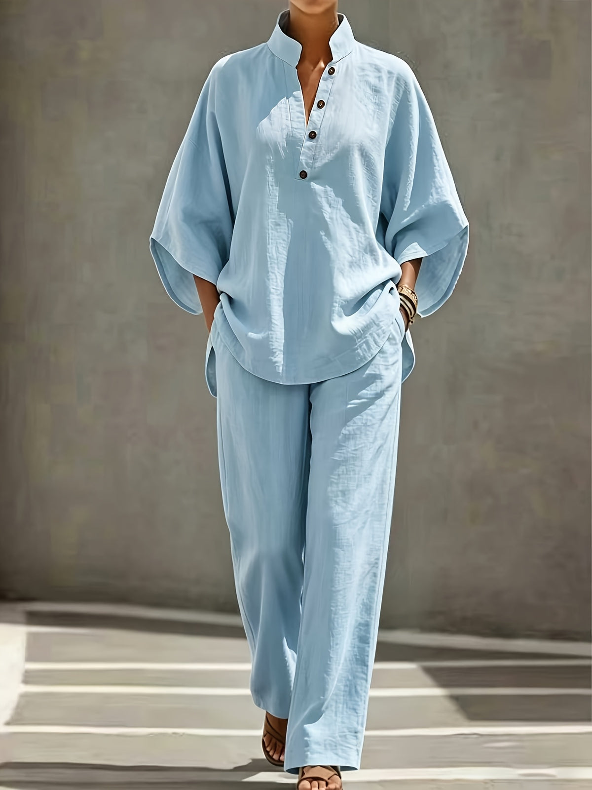 [PLMM] Spring Autumn Winter Women'S Fabric Button Short Collar Fashion Casual Two-Piece Long Pants Set - Light Blue