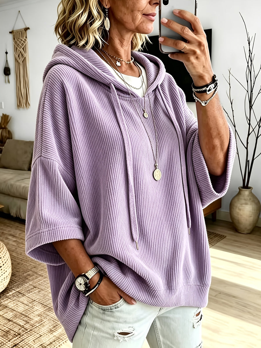 Plus Size - Women'S Casual Corduroy Drawstring Hooded Sweatshirt, Classic Versatile Hooded Top Elegant Women'S Top, Loose Fit Comfortable Sweatshirt Suitable for Commute And Casual Wear Spring/Autumn Clothing - Lavender