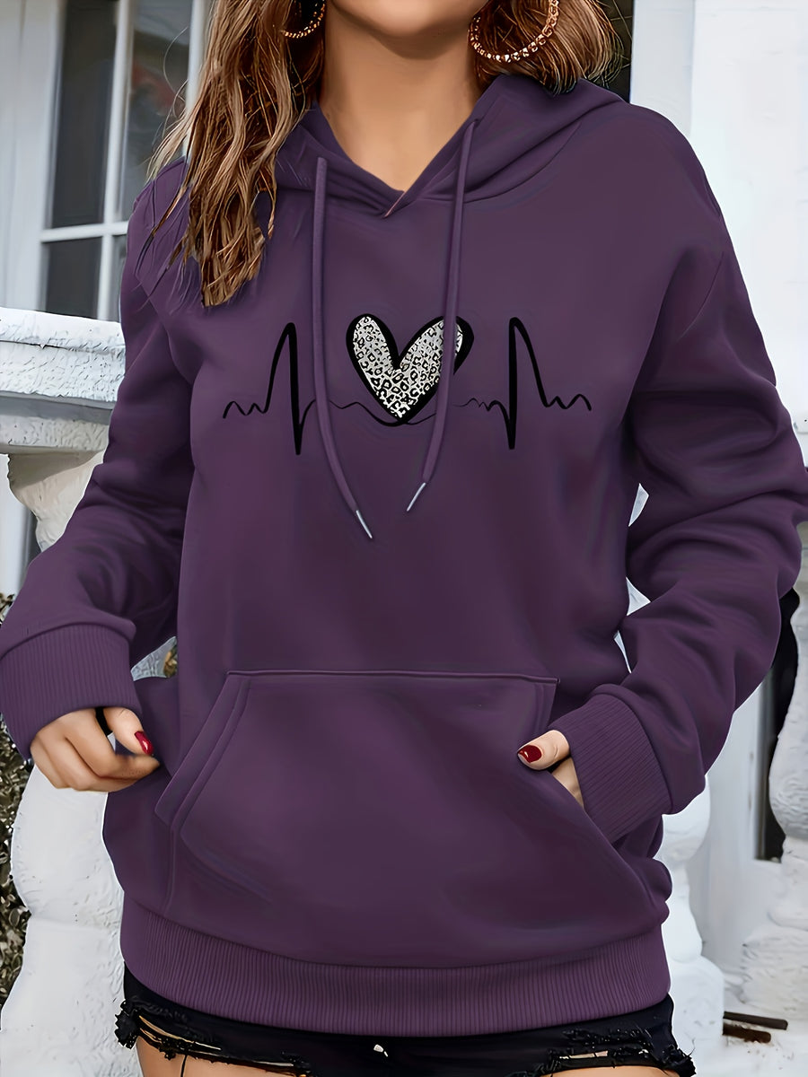 Fashion Hooded Sweatshirt For Women | Regular Fit, Heart Pattern, Drawstring Detail, Ideal For Fall/Winter - Purple