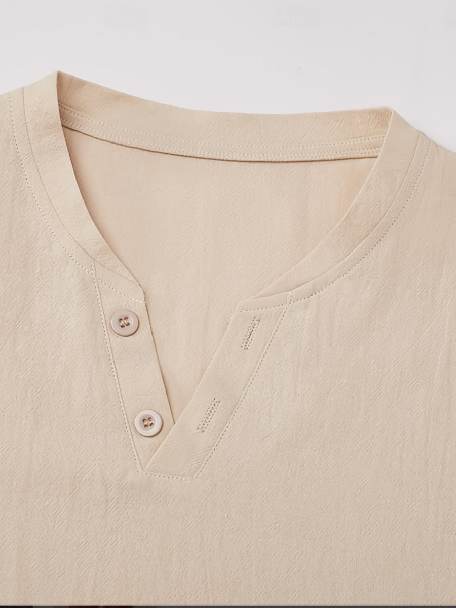 Men'S 3pcs Set of Henley Short-Sleeve Shirts, Breathable Comfortable Casual V-Neck Tops, Suitable for Summer And Daily Wear - Khaki + Khaki + Black