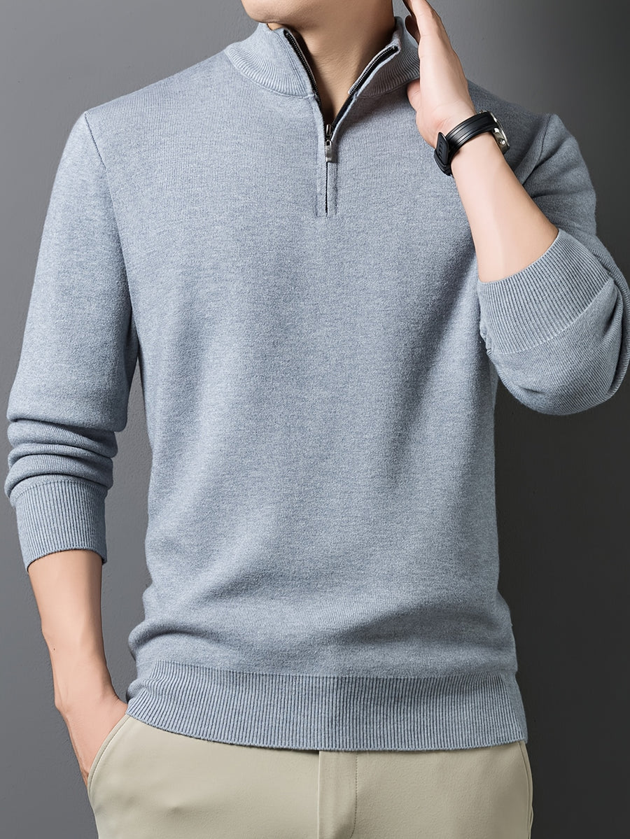 1pc Men'S Solid Color Small Stand Collar Knit Pullover Autumn Winter Zipper Casual Fleece Warm Top - Medium Gray