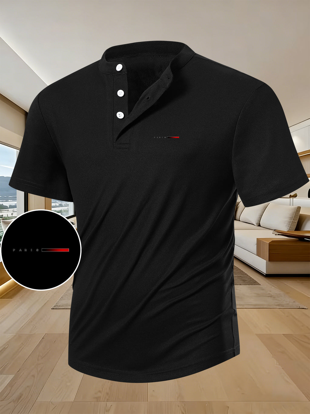 Men'S Summer Casual Short-Sleeve T-Shirt with a Easy Design, Breathable Round Neck, And Henley Button Front, Regular Fit Suitable for Outdoor Everyday Wear, Men'S Short-Sleeve Henley Shirt - Black