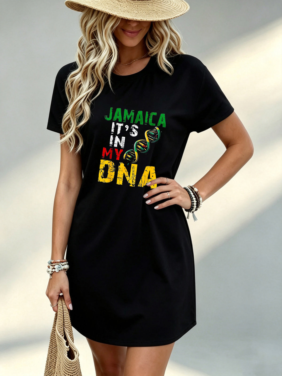 [Printed Design - Not Textured] Casual Women Dress Jamaica It S In My Dna Graphic Print Summer Beach Vacation Gift for Her 100 Percent Polyester - Black