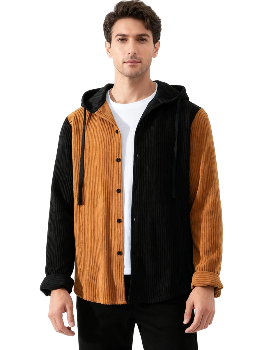 Men's Solid Color Patchwork Spring-Autumn Fashion Long-Sleeved Hooded Shirt Sweater Coat - Chocolate