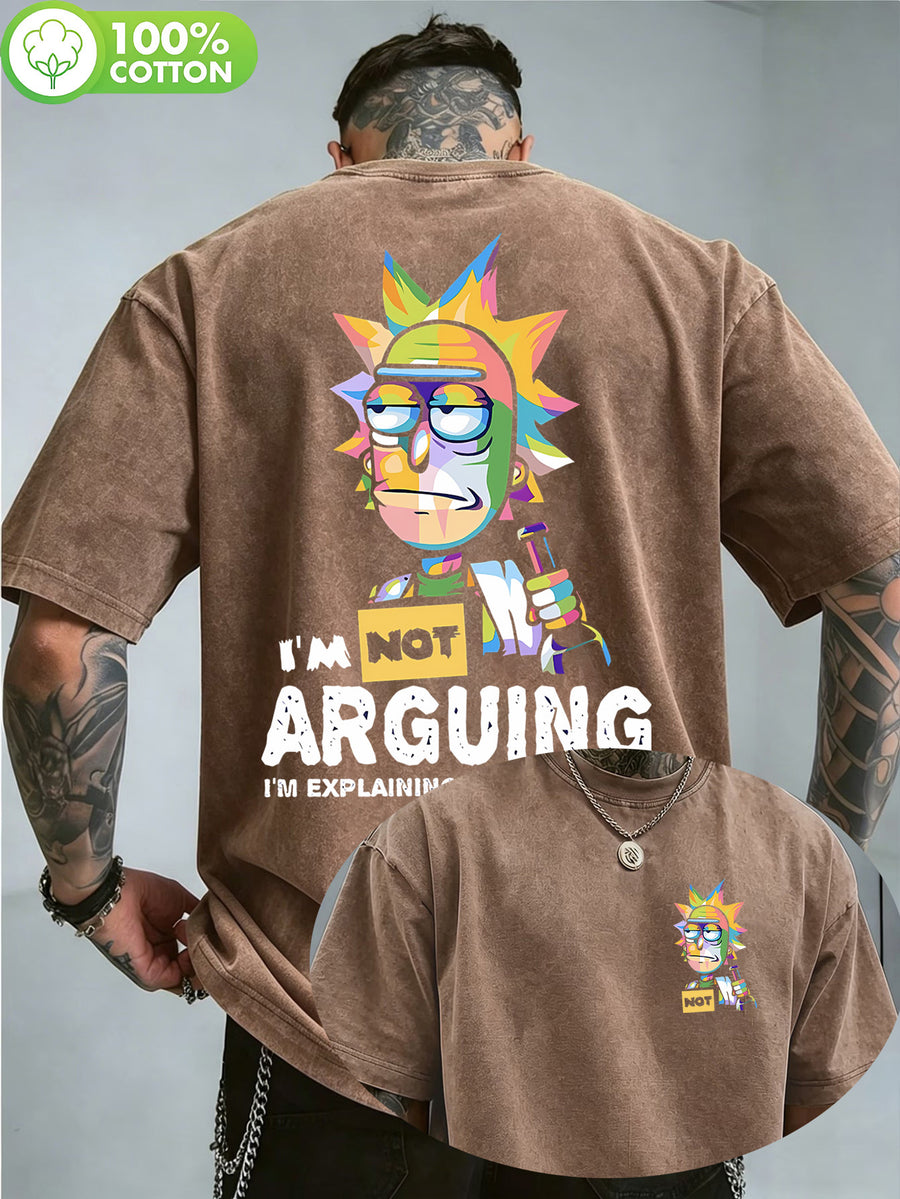 WB Warner Authorized, Men'S Vintage Distressed 100% Washed Round Neck T-Shirt, Multi-Colored Patchwork Rick with Fun Quotes Trendy Print Design, Loose Fit, Men'S Casual Versatile Loose T-Shirt, Suitable for Daily Wear And Outdoor Activities - Coffee Brown