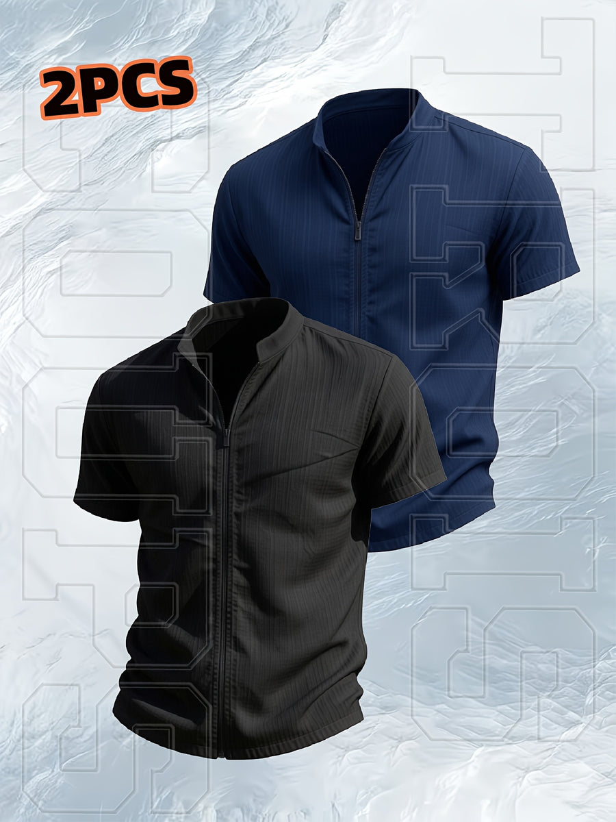 [Qiaoximei OBM] 2pcs Set, Latest Men'S Short-Sleeve Zip-Up Cardigan, Street Beach Comfortable Casual Outdoor, with Stand-Up Collar Design, Suitable for Beach Vacations, Pool Parties, And Daily Casual Wear, Men'S Top, Short-Sleeve Zip-Up Cardigan - Black+Navy Blue