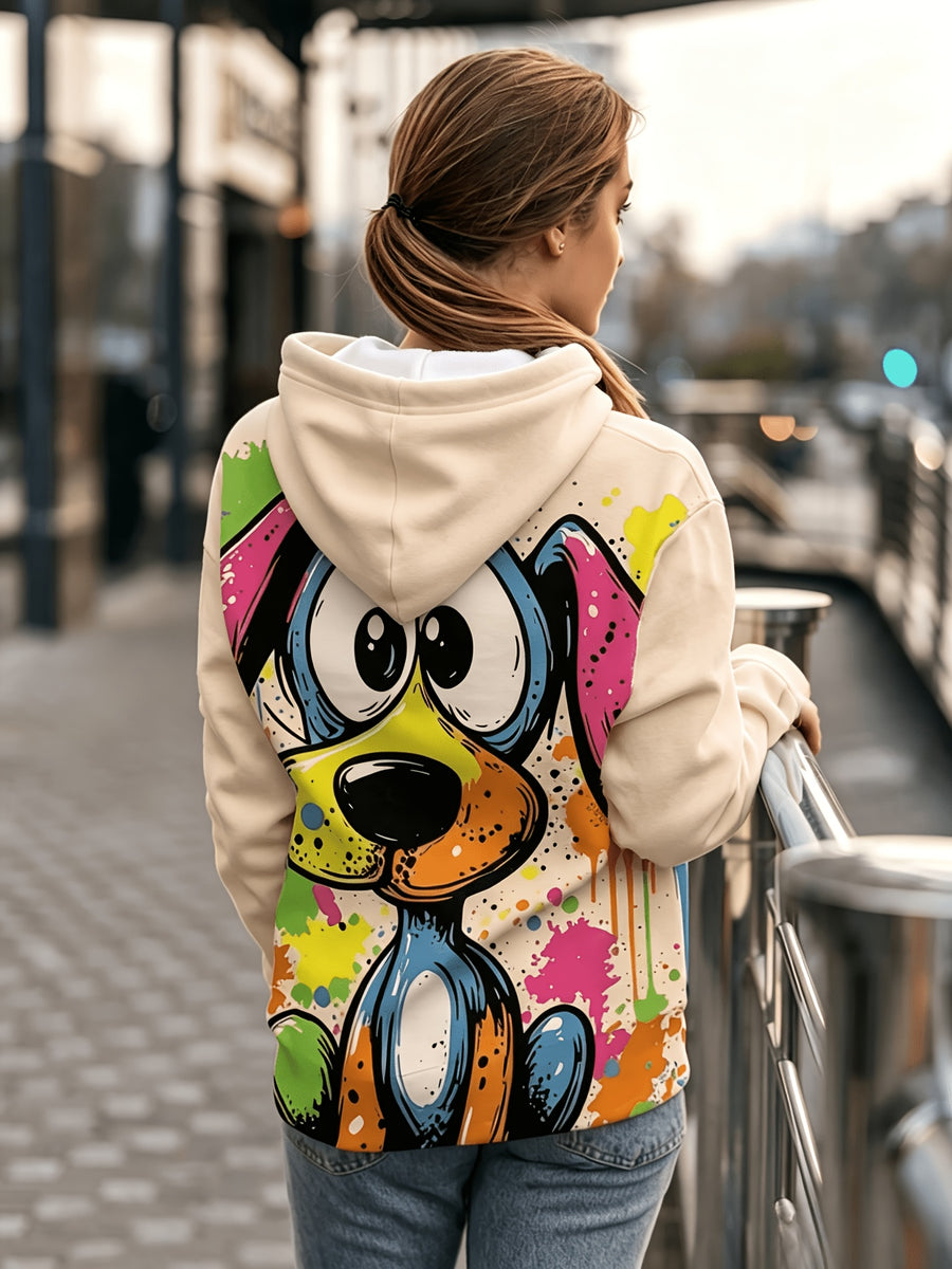 Digital Print - Fashionable Women'S Loose Casual Street Style Hooded Sweatshirt with Colorful Cartoon Dogs And Splatter Background, Easy to Wear, Color-Blocking Design, Loose Fit, Trendy Top, Fits The Current Popular Relaxed Style - Mixed colors