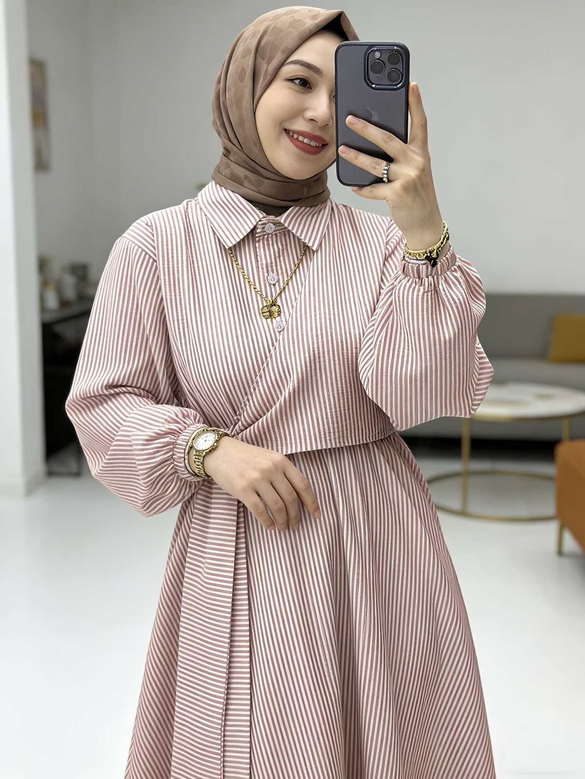 Women'S Striped Shirt Dress, Gentle Style Temperament Shirt Dress, Design-Driven Twisted Long Skirt - Pink Color