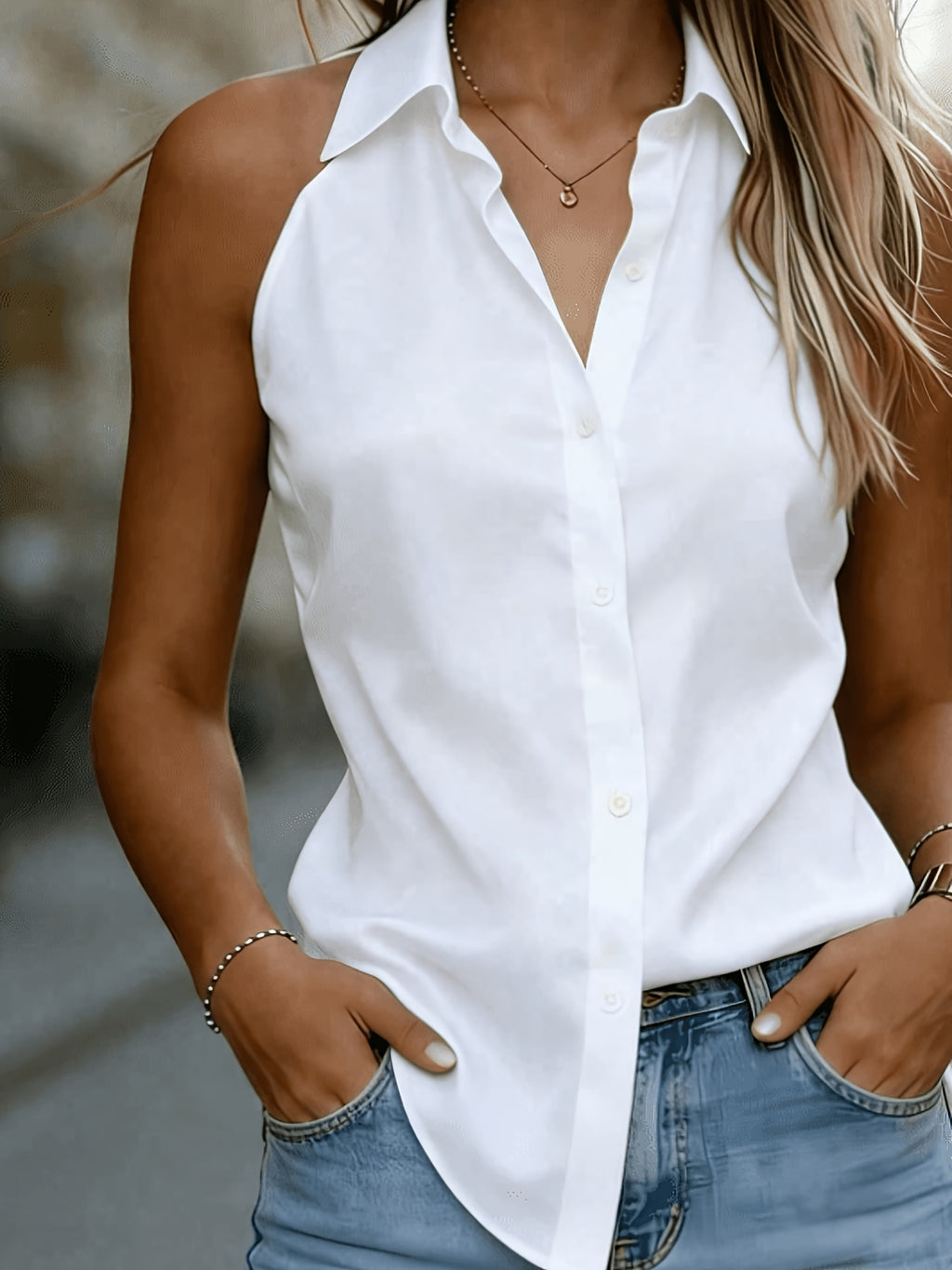 Women'S Sleeveless Shirt, Spring Summer Design Off-The-Shoulder V-Neck Blouse, And Slender Commute Vest Top, Commute Versatile Vest Shirt - White