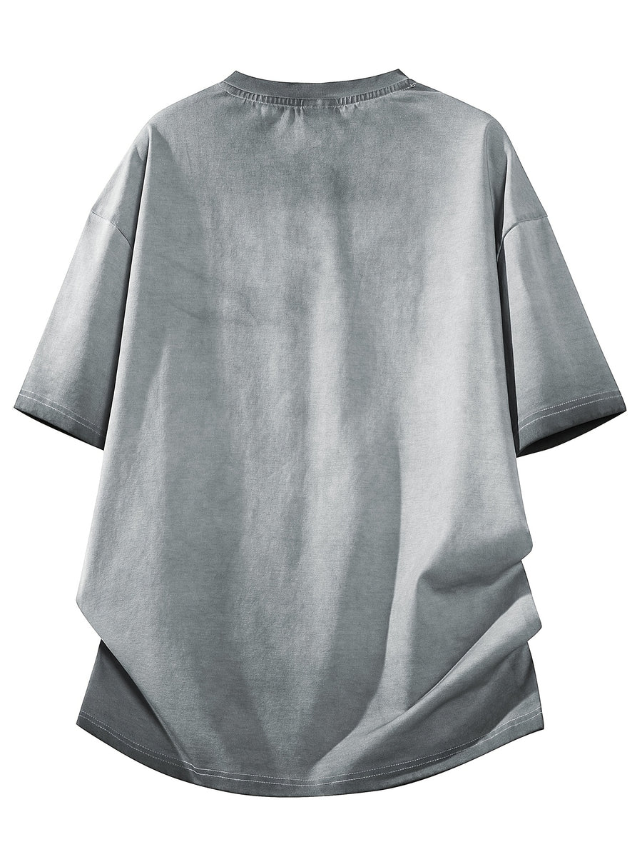 Vintage Relaxed-fit Loose V-neck Distressed Short-sleeve T-shirt, Suitable for Daily Outings, Vintage Casual, and Other Occasions - Dark Gray