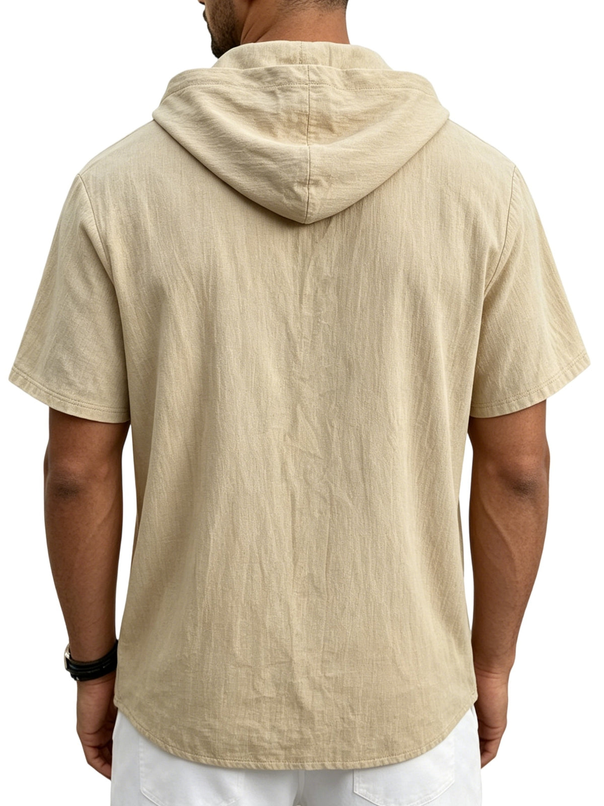 Men's Breathable Half-Zip Hooded Short-Sleeve T-Shirt - Loose-Fit Linen Summer Top with Zipper Collar, Solid Color Casual Beachwear Suitable for Vacation, Outdoor & Casual Attire, Machine Washable Linen Shirt - Khaki