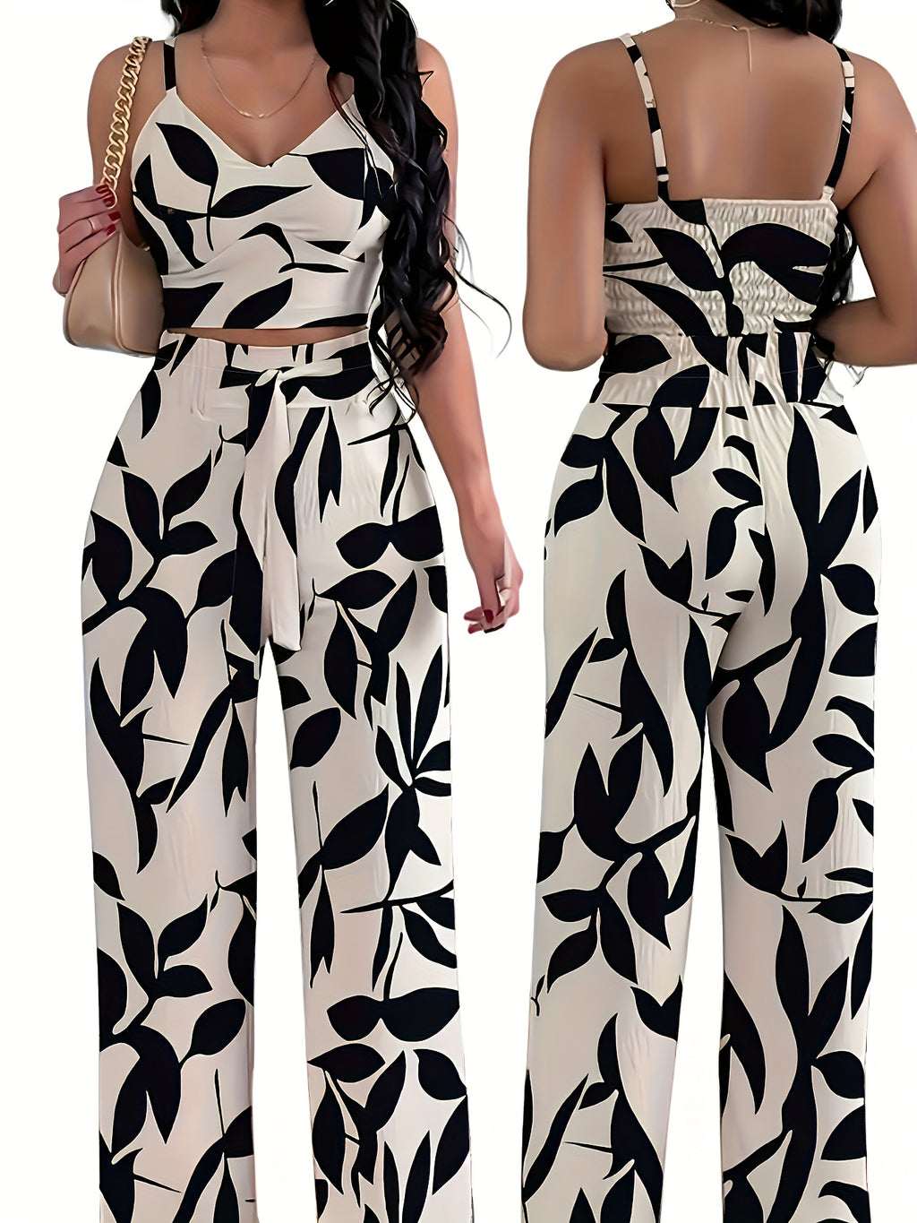 2-piece Women's Set with Thin Strap Stretch Camisole and Wide-leg Pants (front Tie) for Casual Vacation Wear - Mixed colors
