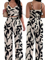 2-piece Women's Set with Thin Strap Stretch Camisole and Wide-leg Pants (front Tie) for Casual Vacation Wear - Mixed colors