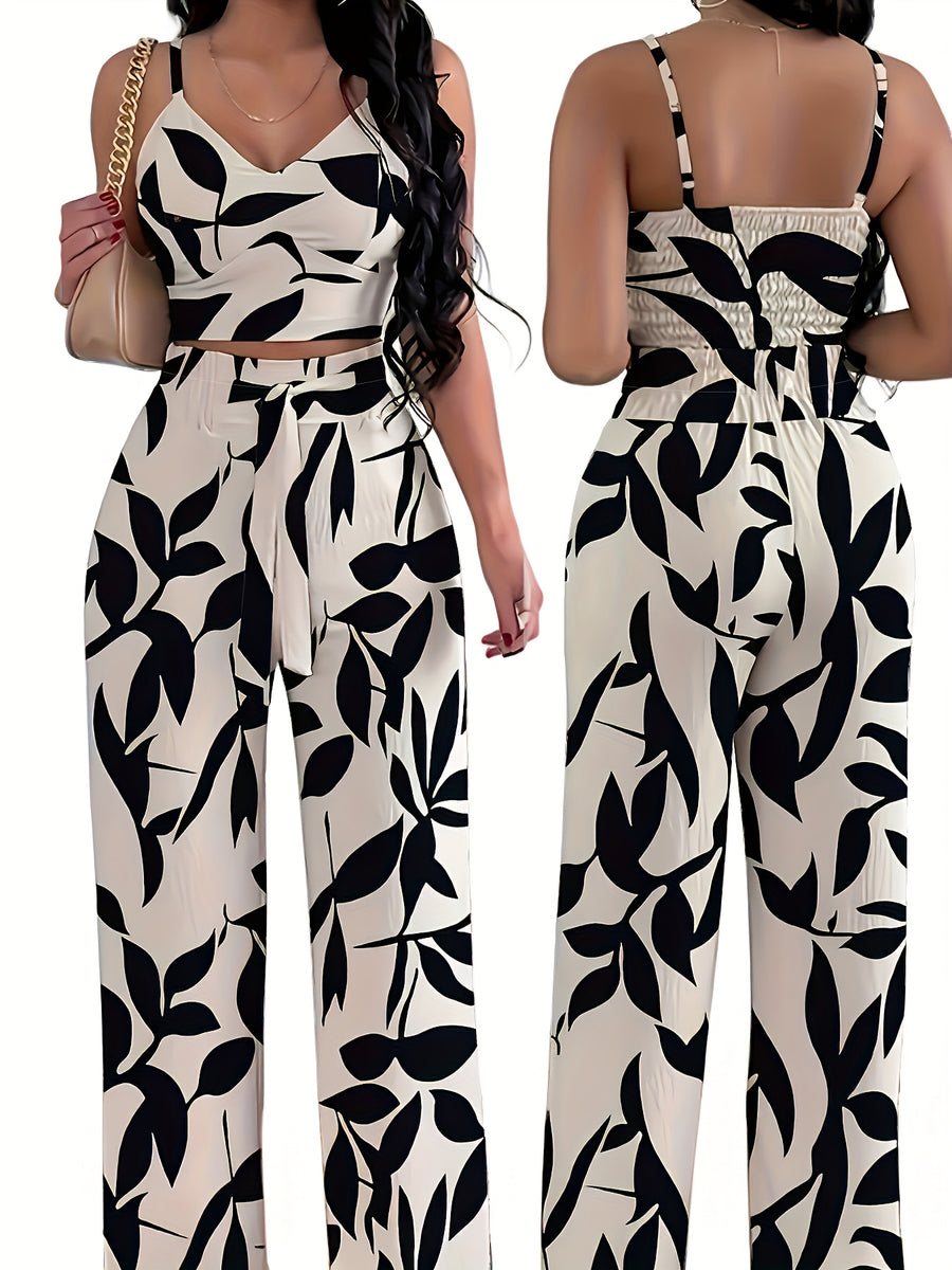 2-piece Women's Set with Thin Strap Stretch Camisole and Wide-leg Pants (front Tie) for Casual Vacation Wear - Mixed colors