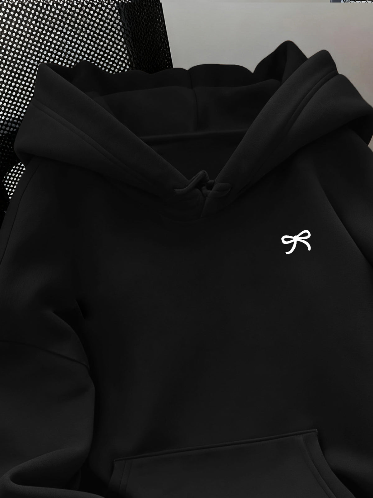 Women'S Fashion Classic Cute Bowknot Pattern Print Autumn/Winter Warm Lined Sweatshirt Hoodie Women'S Everyday Wear Top Kangaroo Pocket - Black