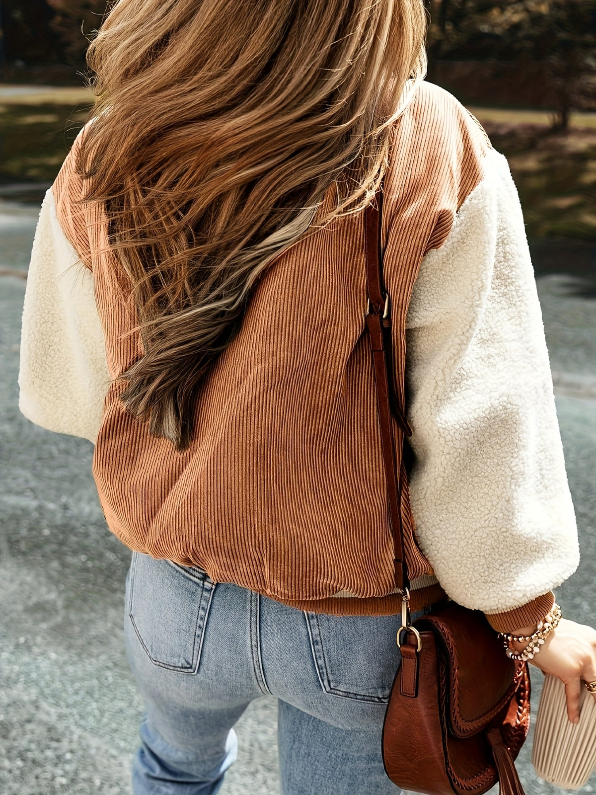Winter: Women's Corduroy Patchwork Button-Up Pilot Jacket, Contrast Long Sleeve Stand Collar Coat - Dark Brown