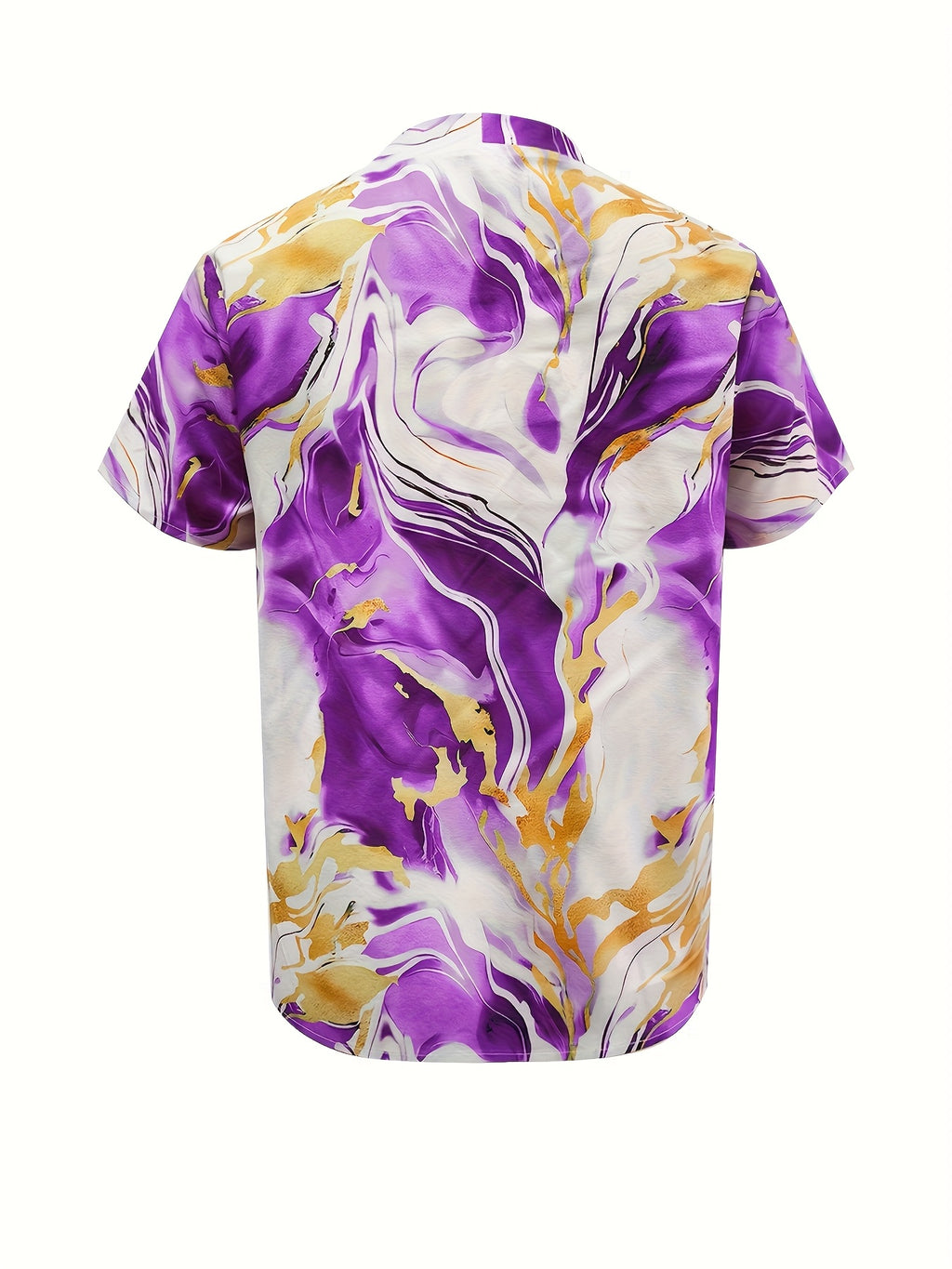 Women's Elegant Marble Print Short Sleeve Shirt - Lake Blue & Golden Geometric V-Neck Top, Lightweight Professional Blouse for Spring/Summer, Machine Washable Office & Casual Wear, Summer Fashion, Sophisticated Texture, Spring Outfit, Durable - Purple