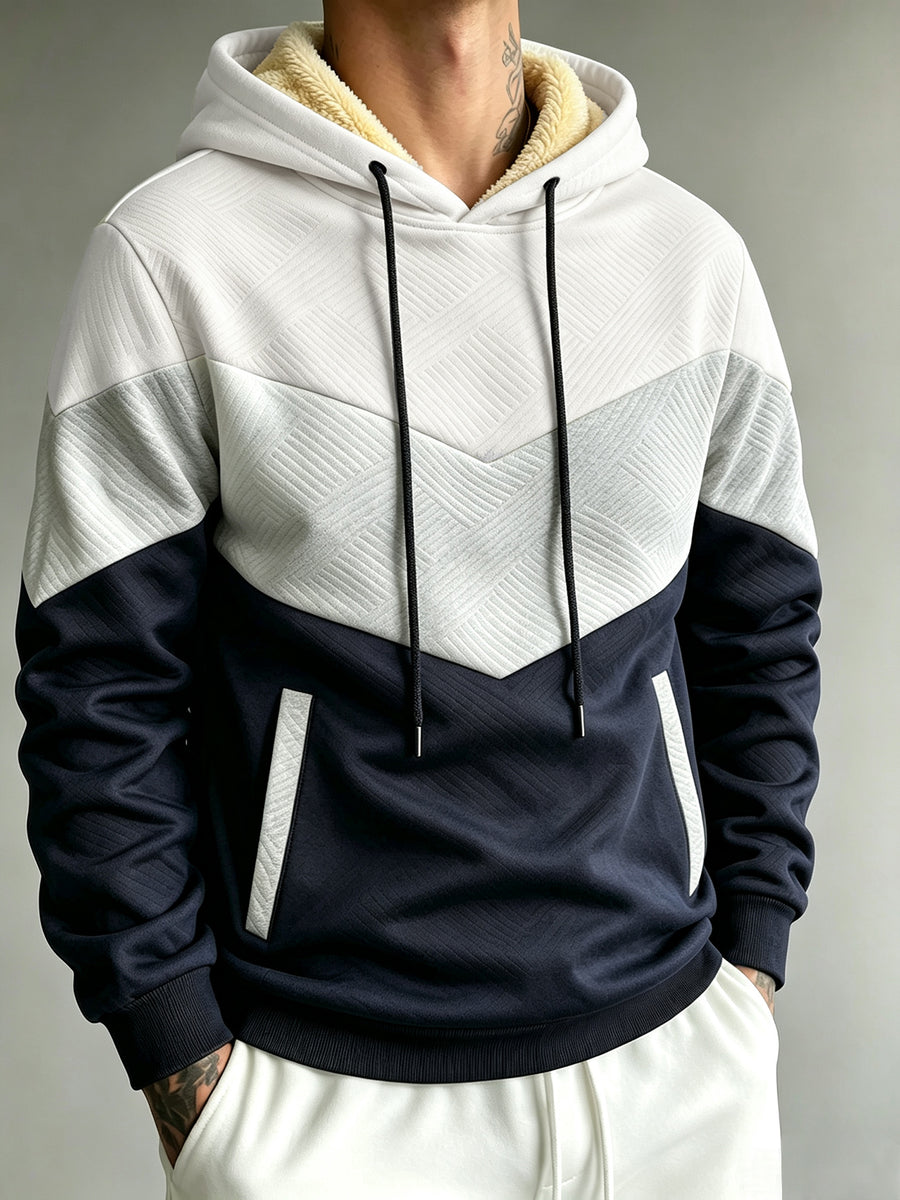 1pc Men'S Color-Block Patchwork Hooded Pullover Sweatshirt, Multi-Color Warm Textured Men'S Hoodie, Drawstring Kangaroo Pocket Warm Hooded Top, Casual Street Style Regular Fit Fall/Winter Sweatshirt, Multi-Color Patchwork Long Sleeve Hoodie - , Light Gray, Navy Blue