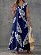Women's Leaf-pattern V-neck Long Dress, Suitable for Summer Wear - Navy Color