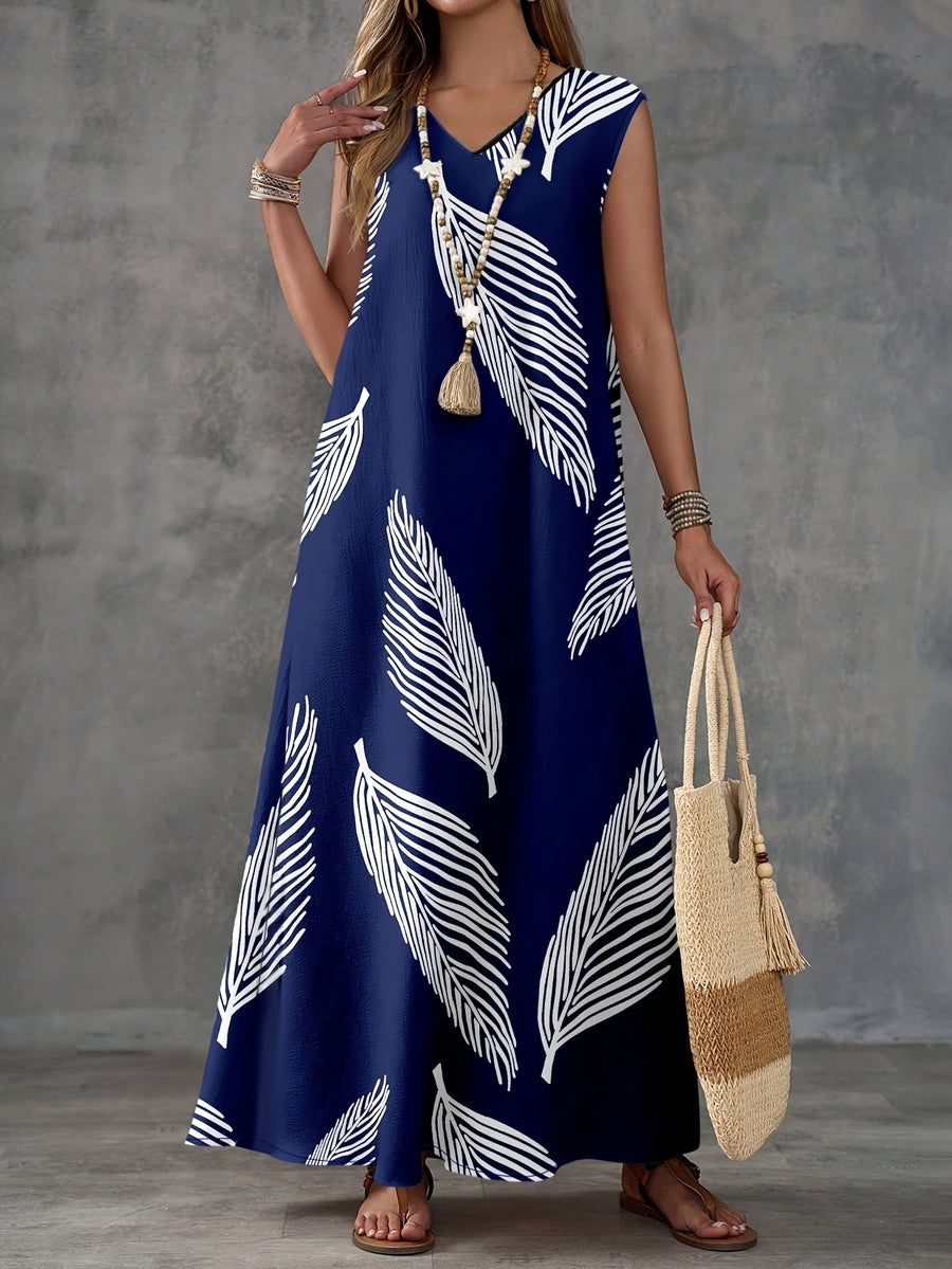 Women's Leaf-pattern V-neck Long Dress, Suitable for Summer Wear - Navy Color