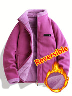 Women's Spring Casual Jacket, Thickened Shaggy Warm Printed Reversible Coral Sweatshirt, Double-Sided Outerwear - Purple