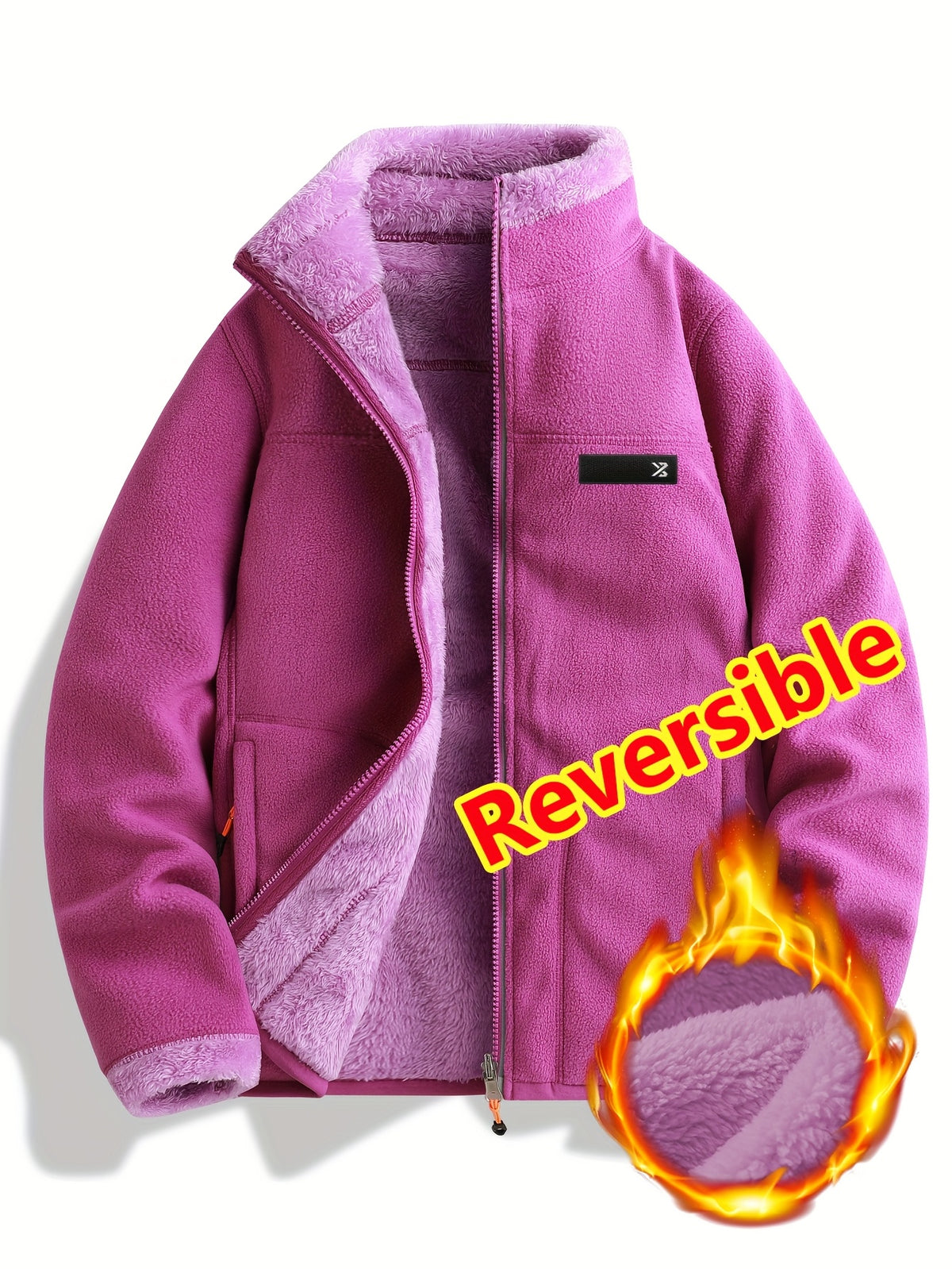 Women's Spring Casual Jacket, Thickened Shaggy Warm Printed Reversible Coral Sweatshirt, Double-Sided Outerwear - Purple