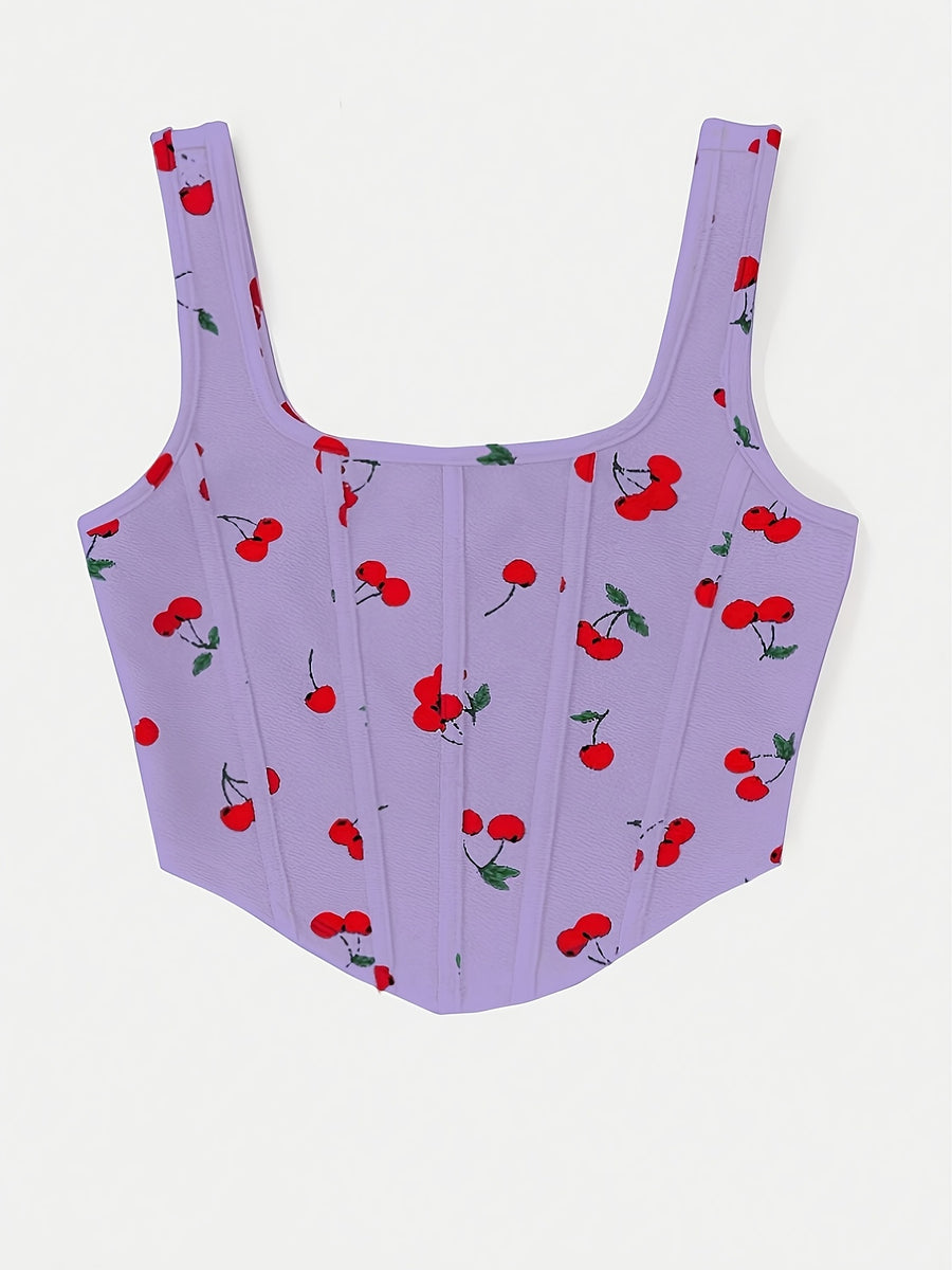 Fashion Cherry Print Cami Bodycon Short Vest Statement Backless Women'S Outerwear - Purple