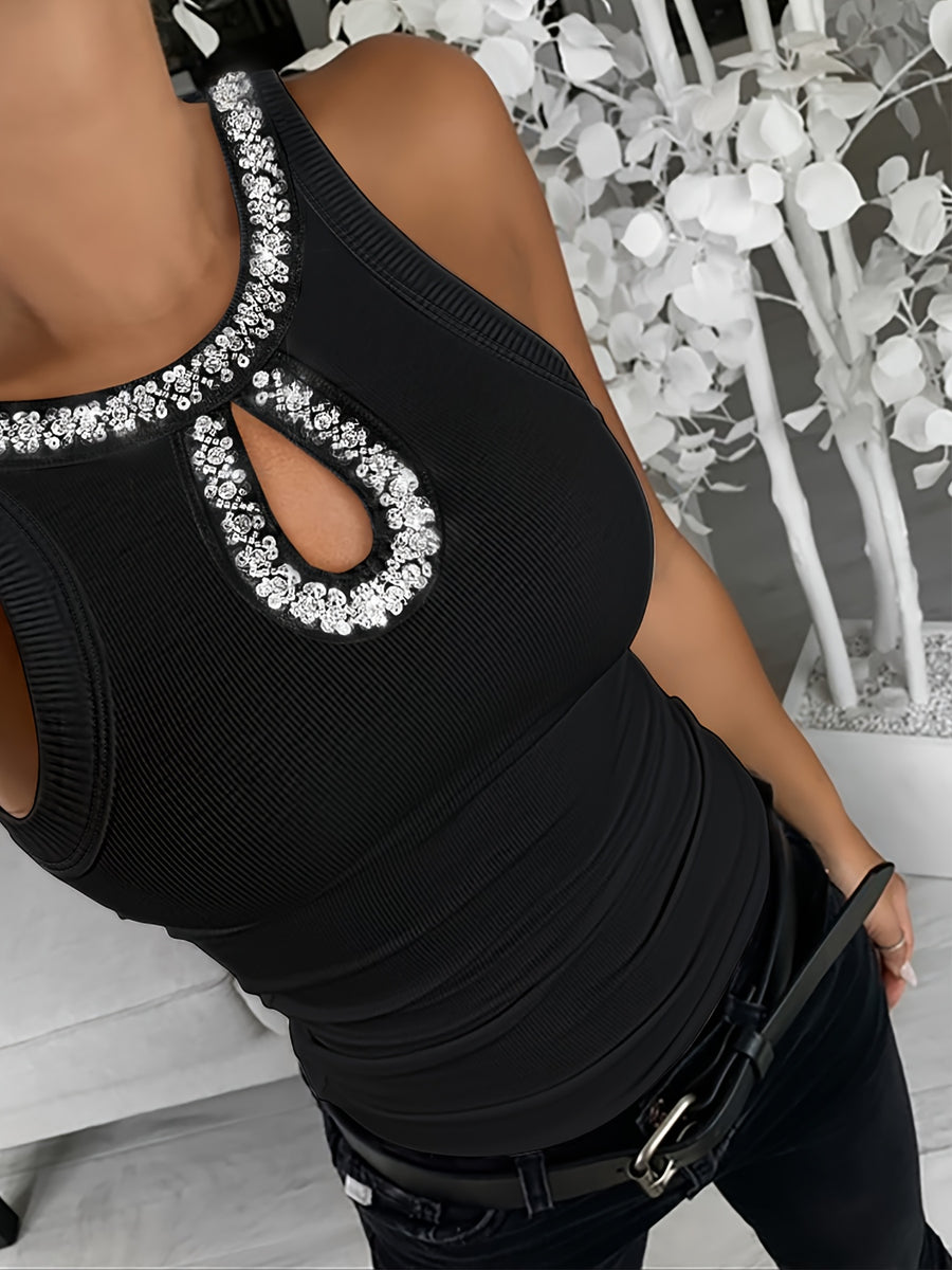 CHICME ' High-Elasticity Sleeveless Rhinestone Round-Neck Blouse - Pearl, Casual Elegant - Top, Solid Color Stretchable Shirt, Machine Washable (Branded "CHICME ''') - Black