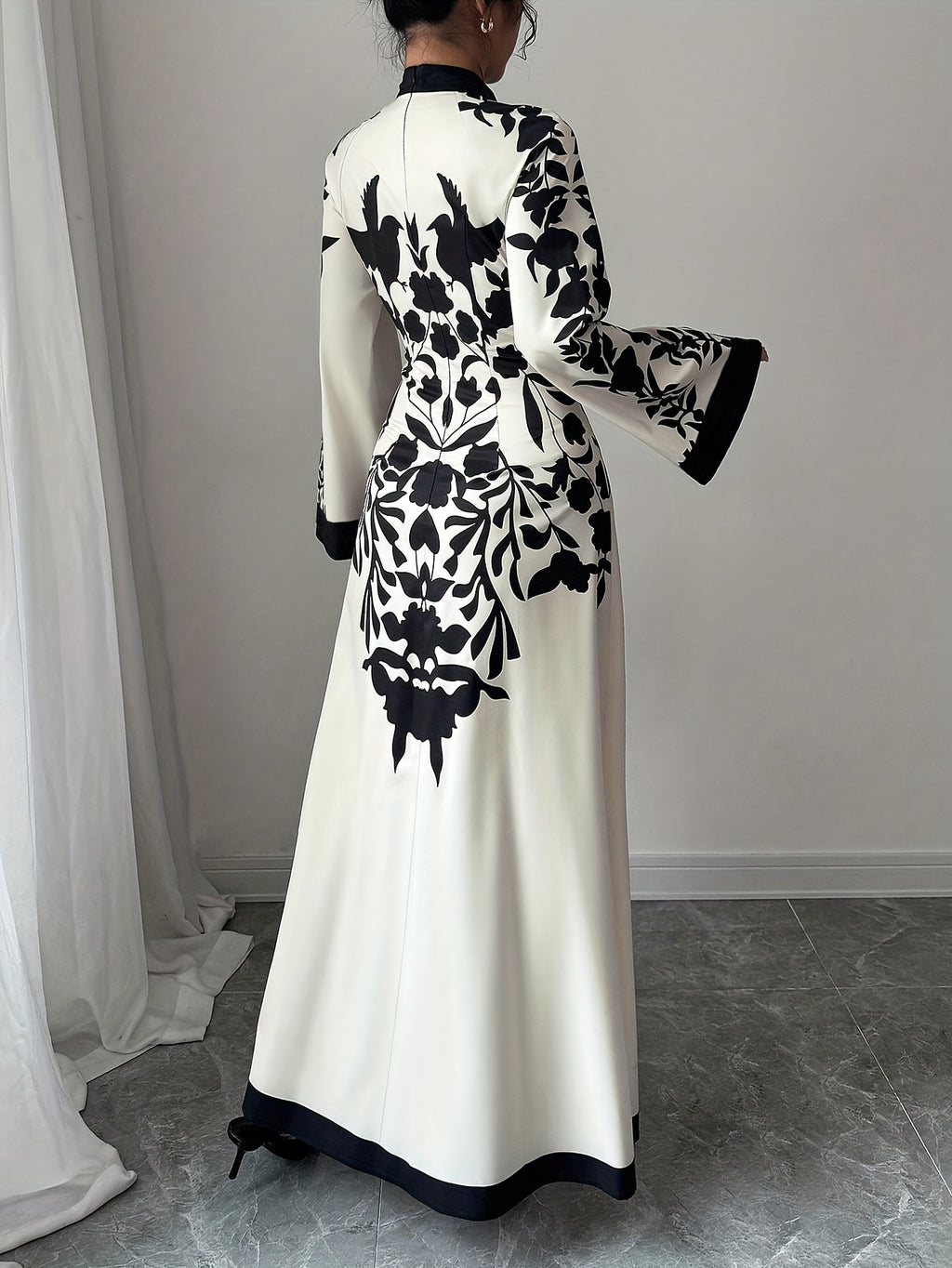 Fashionable Elegant Faux Two-Piece Fall/Winter New Floral Print Long Sleeve Maxi Dress - Apricot