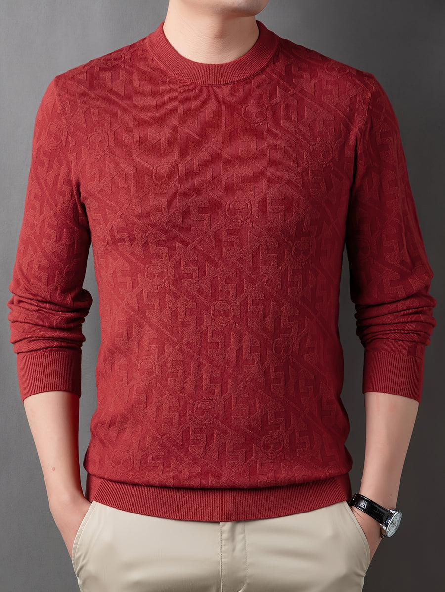 Men'S Round Neck Jacquard Sweater Spring Autumn Tight Thin Business Casual Knit Pullover Top - Brick Red