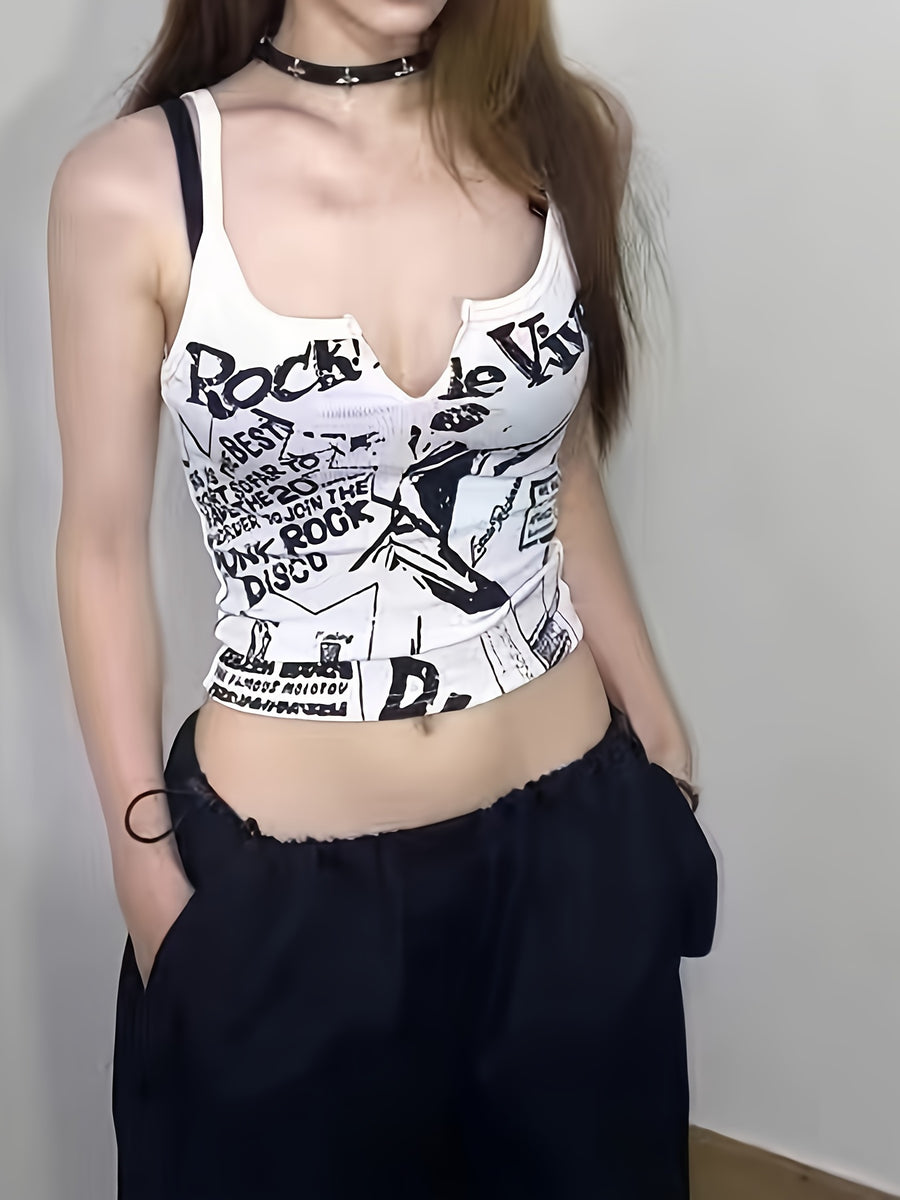 Women'S Summer Punk Print Crop Top with Stretchy Fabric, Perfect for Layering Or Wearing Alone - White